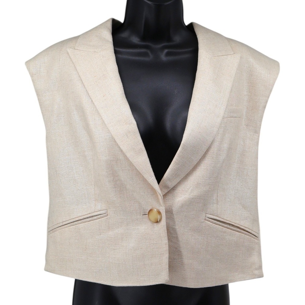 Veronica Beard Baxley Metallic Linen Vest Blazer Natural Gold Shimmer 12